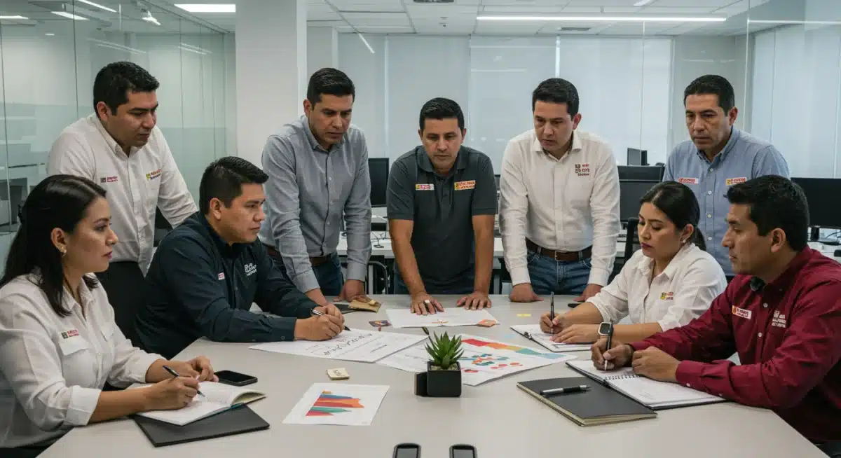 Grupo de trabajadores mexicanos colaborando en una oficina moderna, representando el impacto del salario mínimo en la fuerza laboral.