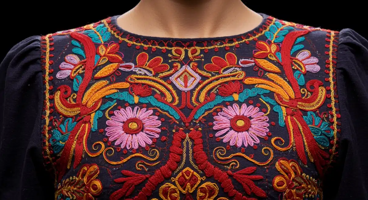 Detalle de un tejido artesanal mexicano fusionado con elementos de diseño moderno, representando la esencia de una colaboración de moda.