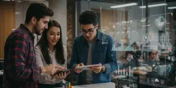 Emprendedores mexicanos colaborando en una oficina moderna, simbolizando el acceso a subsidios gubernamentales.