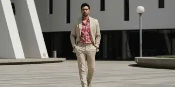 Hombre mexicano moderno vistiendo sastrería relajada en un entorno urbano soleado, mostrando las tendencias de moda de 2025.