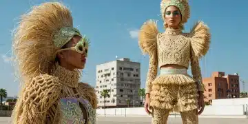Diseño de moda mexicano futurista con texturas innovadoras y materiales sostenibles para 2026.