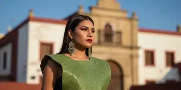 Modelo mexicana vistiendo prenda de cuero de nopal, fusionando tradición y diseño innovador.