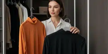 Mujer elegante combinando prendas de diferentes colores y texturas en un armario sofisticado para 2025.