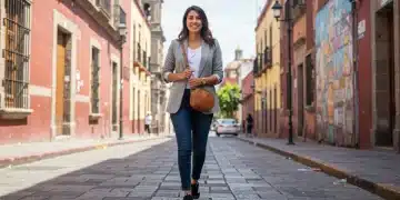 Mujer mexicana con estilo renovado, luciendo prendas clave en una calle vibrante de la Ciudad de México.