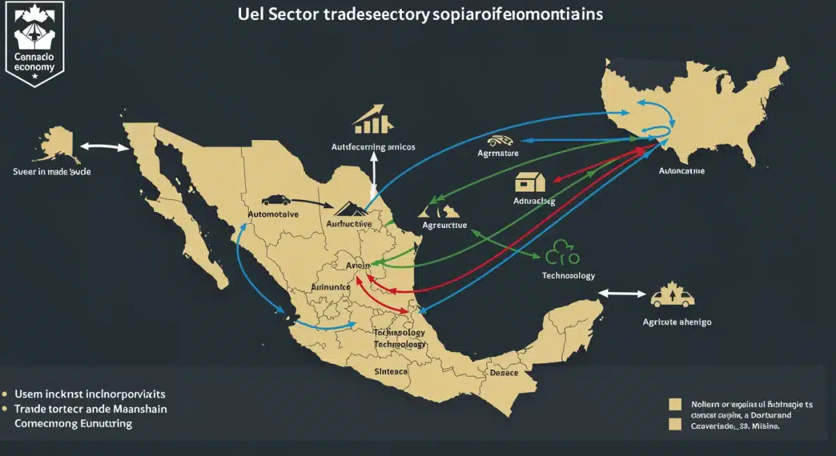 Infografía de sectores económicos clave de México (automotriz, manufactura, agricultura, tecnología) y flujos comerciales en el contexto del TMEC.