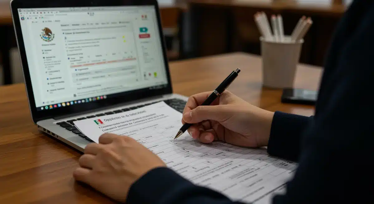 Manos llenando un formulario de solicitud para un subsidio gubernamental en línea.