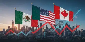 Banderas de México, Estados Unidos y Canadá entrelazadas con gráficos económicos, simbolizando la renegociación del TMEC y su impacto en el PIB mexicano para 2025.