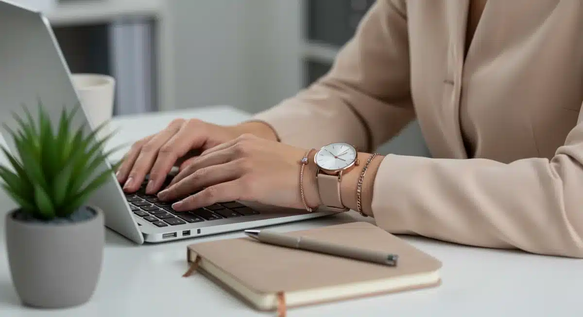 Accesorios elegantes y minimalistas de una profesional en un escritorio de oficina, destacando un reloj y una libreta.