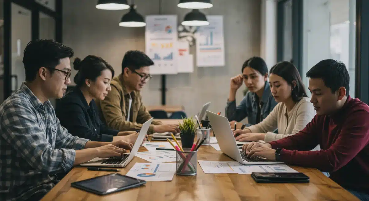 Emprendedores mexicanos colaborando en un espacio de coworking, aprovechando recursos y creando sinergias para sus nuevas empresas.