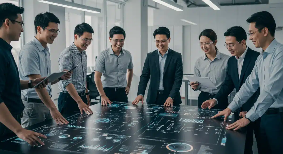 Equipo de innovadores trabajando en un proyecto tecnológico, beneficiándose de fondos federales.