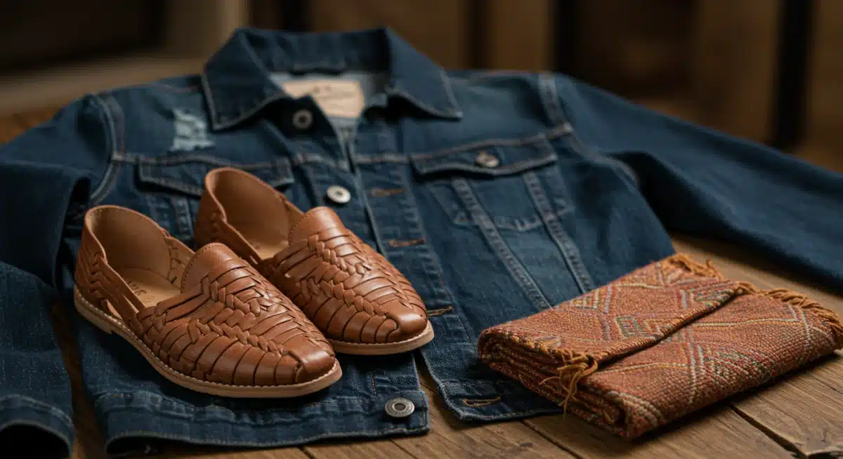 Chaqueta de mezclilla, huaraches y rebozo, elementos clave del guardarropa mexicano.