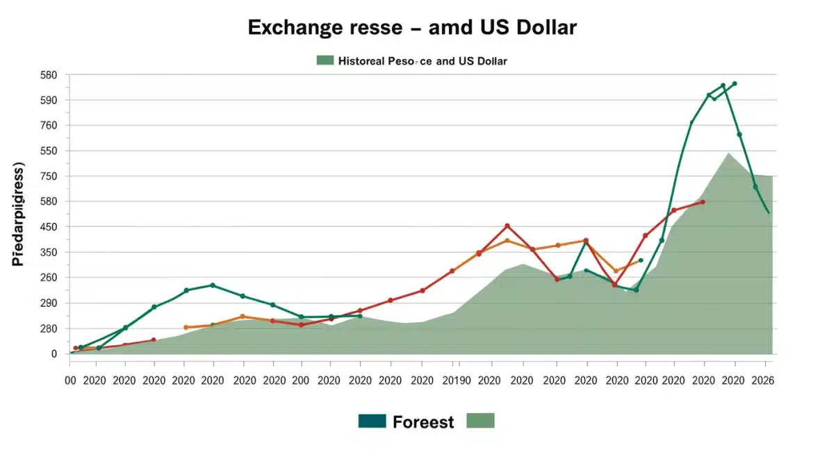 Gráfico histórico y proyectado del tipo de cambio peso mexicano-dólar de 2020 a 2026, mostrando tendencias y previsiones económicas.