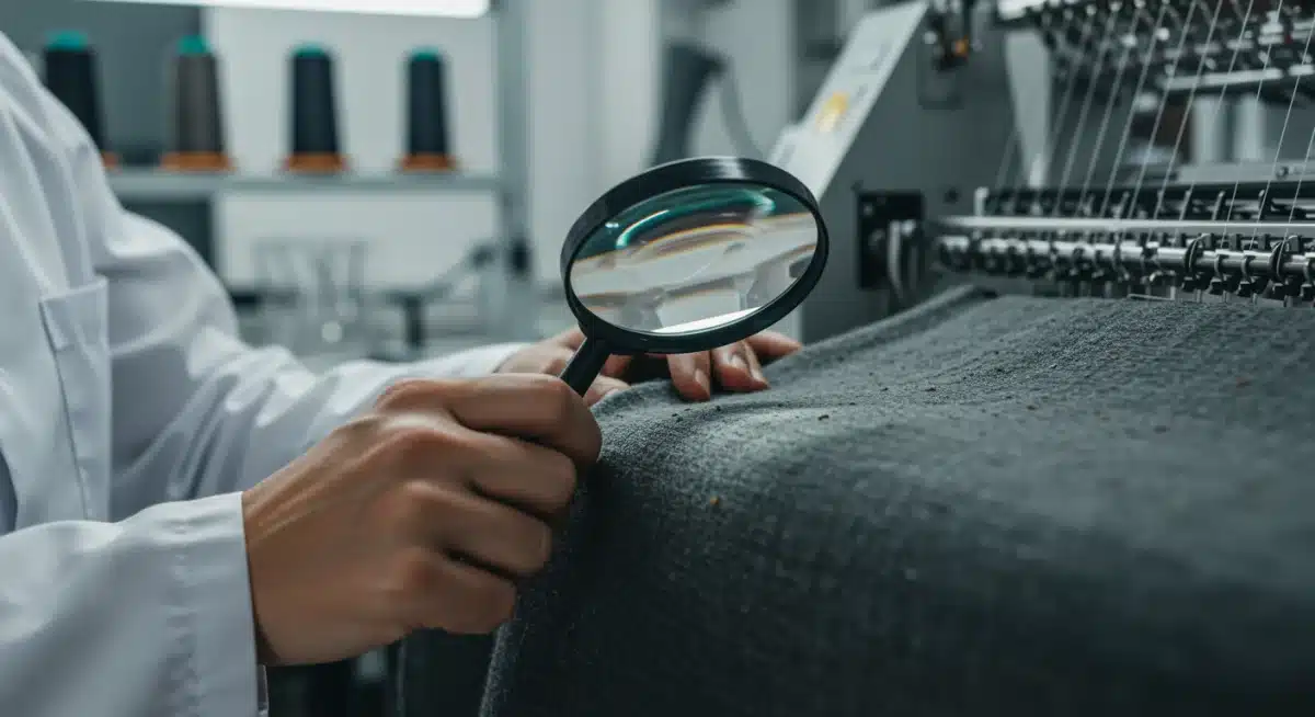 Ingeniero textil examinando un tejido biodegradable y sostenible en un laboratorio de innovación.