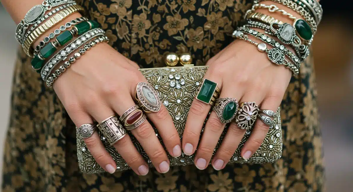 Manos con joyería maximalista y bolso de mano detallado, reflejando tendencias de accesorios 2026.