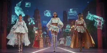 Desfile de moda digital futurista en una ciudad virtual mexicana, mostrando avatares con prendas innovadoras y elementos de realidad aumentada.