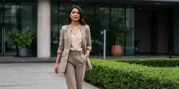 Mujer profesional mexicana con un look de oficina elegante y versátil en 2026, caminando hacia un edificio moderno.