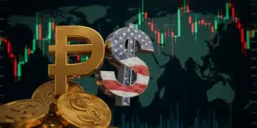 Símbolos del peso mexicano y dólar entrelazados, gráficos financieros de fondo, representando la dinámica del tipo de cambio y sus proyecciones para 2026.