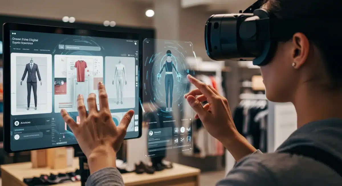 Usuario con visor de realidad virtual probándose ropa en un probador digital inmersivo, interactuando con prendas virtuales en una tienda futurista.