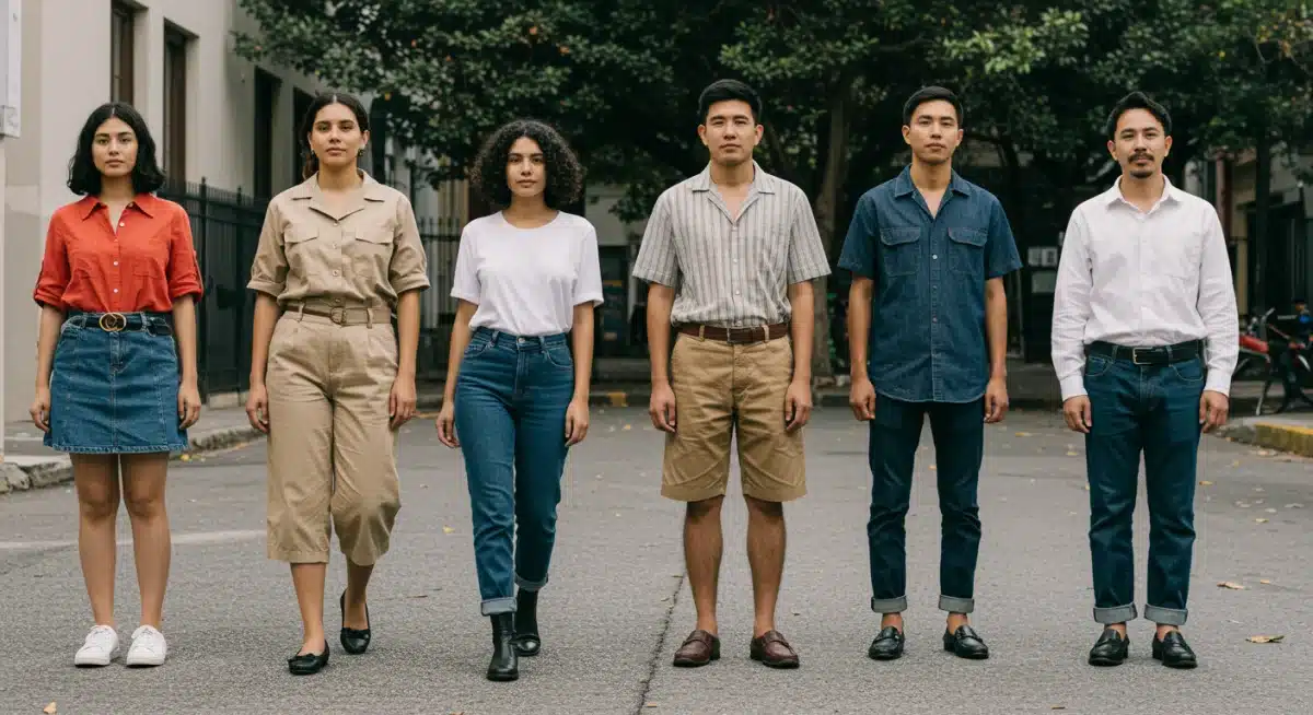Grupo diverso mostrando adaptabilidad de armario cápsula a diferentes estilos y ocasiones en México, con moda sostenible.