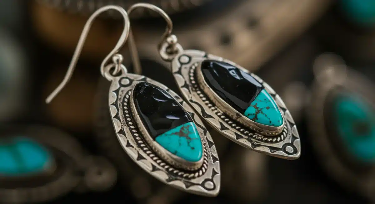 Aretes de plata mexicana con detalles de obsidiana, mostrando artesanía fina.