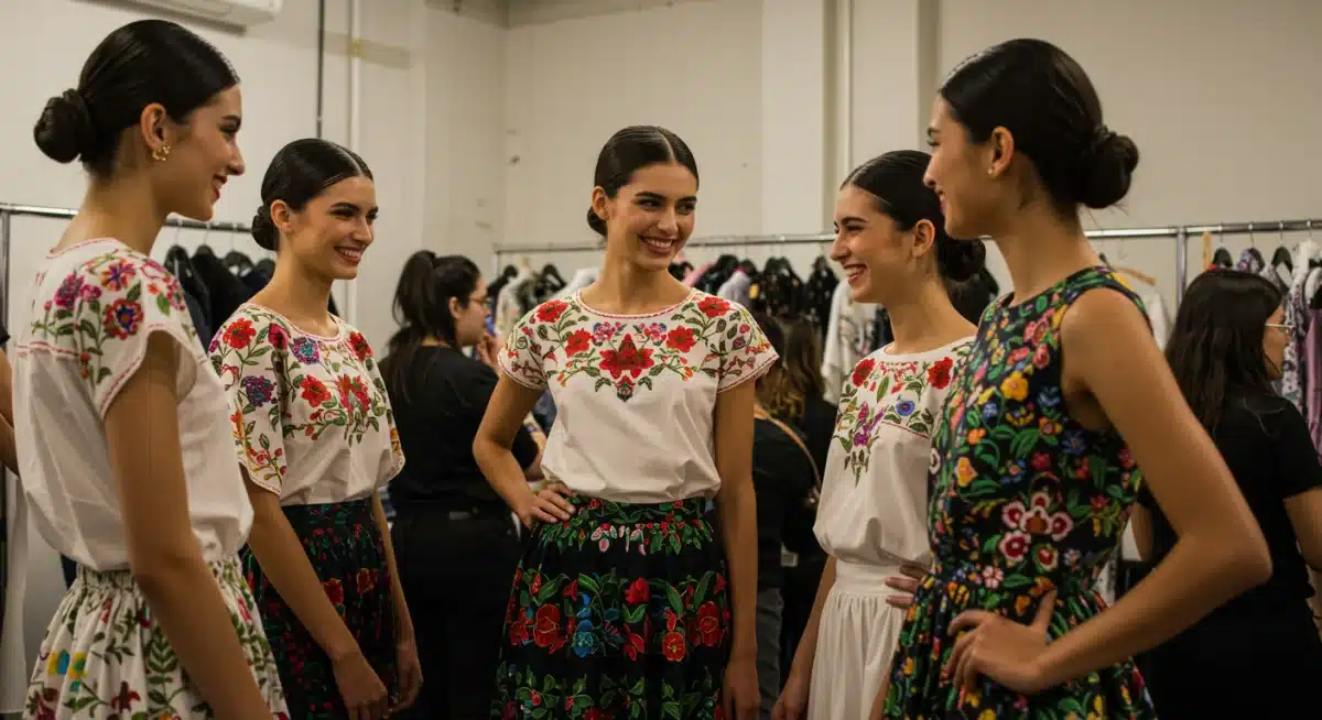 Modelos preparándose tras bastidores en un desfile de moda mexicana, reflejando diversidad e inclusión.