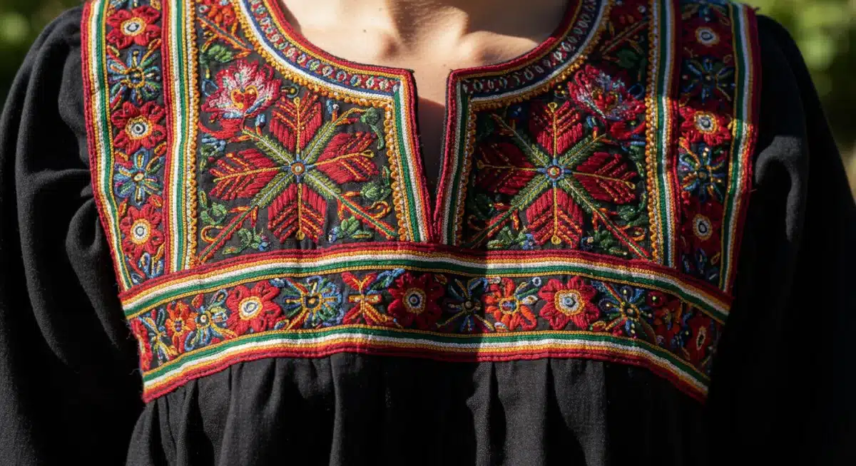 Detalle de bordado artesanal en prenda de diseñador mexicano, reflejando riqueza cultural.
