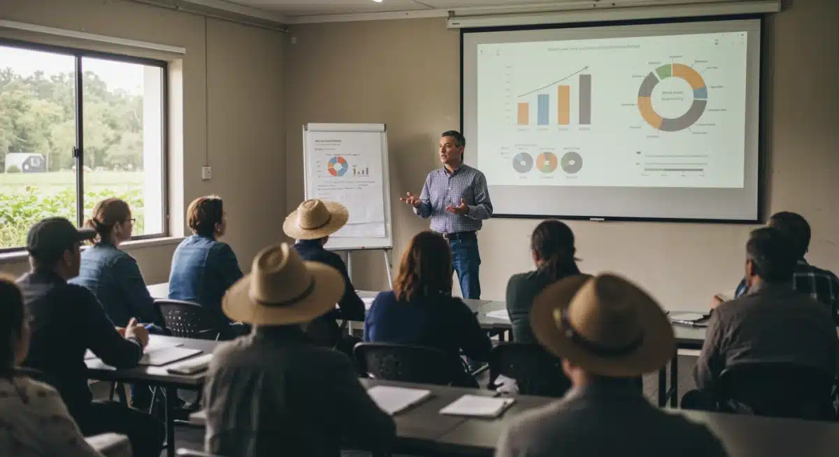 Agricultores en taller sobre políticas y financiamiento agrícola, mostrando capacitación y colaboración.