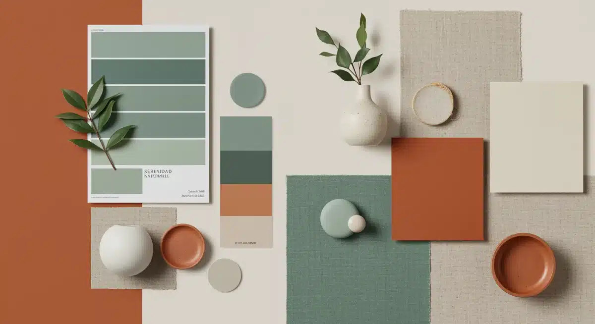 Tablero de inspiración con la combinación 'Serenidad Natural', incluyendo el color del año 2026, terracota y crema.