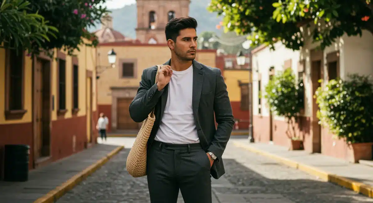 Persona combinando prendas versátiles de armario cápsula: camiseta blanca, pantalón sastre, blazer en entorno urbano.