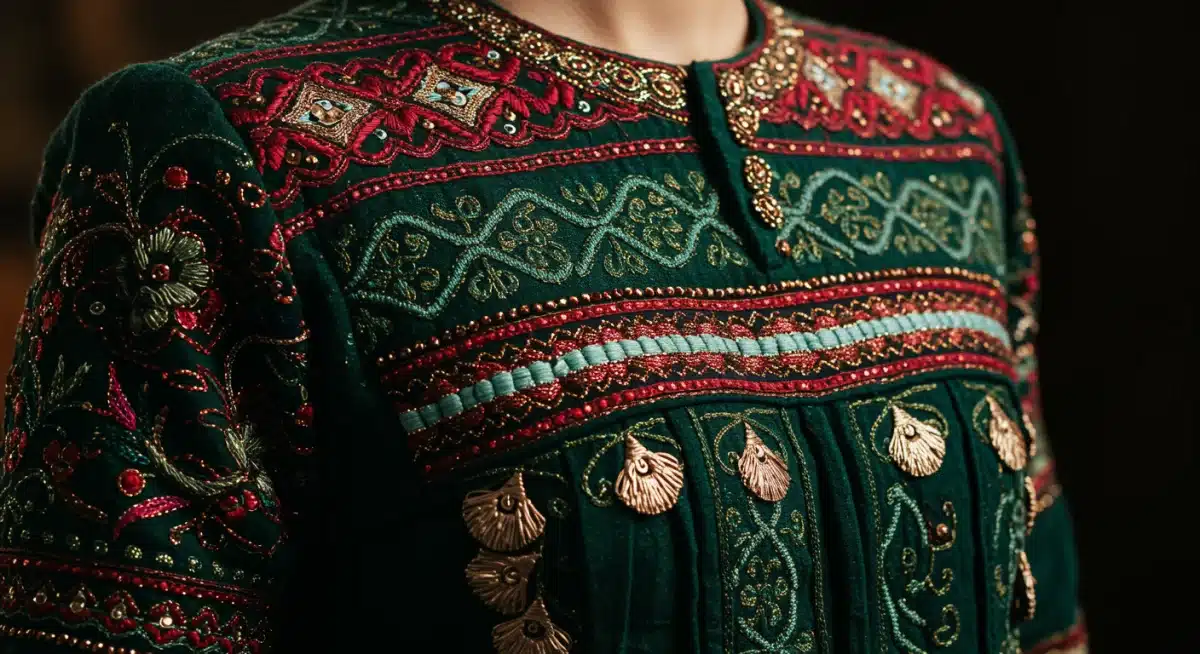 Detalle de una prenda con bordados y texturas ricas, reflejando una tendencia clave de la moda mexicana.