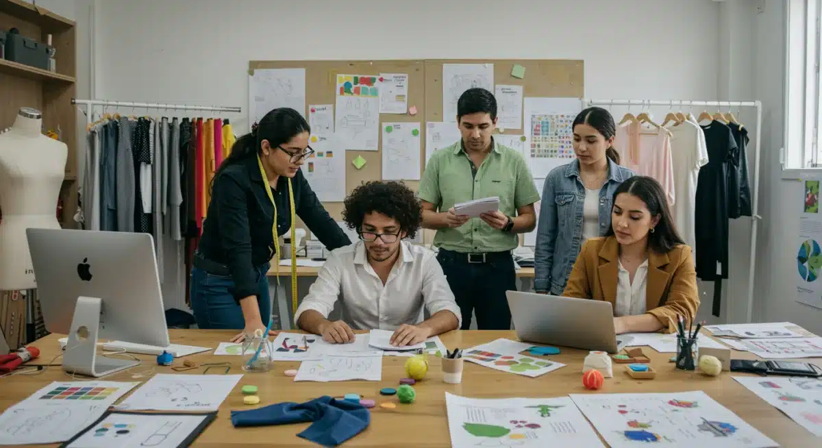 Diseñadores mexicanos colaborando en un estudio sostenible, promoviendo la economía circular y la producción ética.