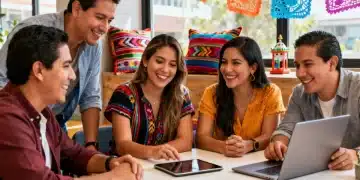 Emprendedores mexicanos colaborando en un espacio moderno, simbolizando innovación y apoyo empresarial.