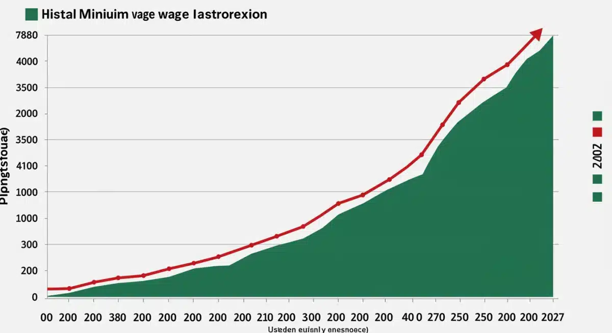 Gráfico de la evolución histórica y proyectada del salario mínimo en México, mostrando incrementos.