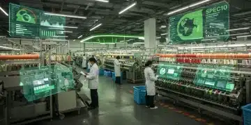 Fábrica textil futurista y sostenible en México con energías renovables y materiales ecológicos.