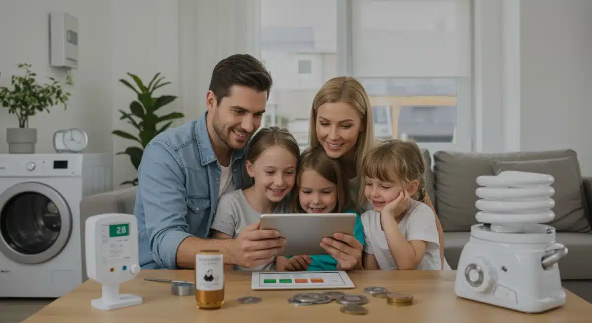 Familia satisfecha revisando su factura de luz reducida en una tablet, con electrodomésticos eficientes en un hogar moderno, simbolizando el ahorro energético.