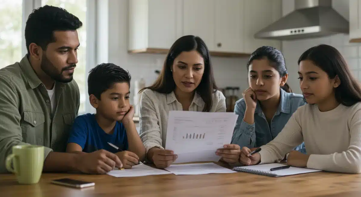 Familia mexicana analizando un presupuesto en la mesa, representando la economía familiar.