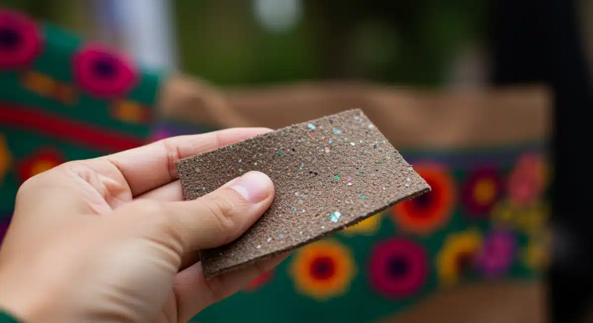 Tela innovadora a base de materiales biodegradables como cuero de cactus, reflejando avances textiles.