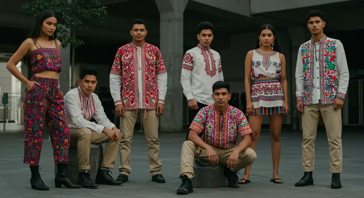 Jóvenes diversos vistiendo moda mexicana contemporánea en un ambiente urbano, destacando la versatilidad de los diseños.