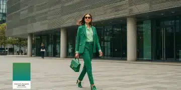Mujer elegante vistiendo el color del año 2026 en un entorno urbano chic, mostrando estilo y modernidad.