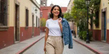 Mujer mexicana estilosa con prendas básicas elevadas en una calle de la Ciudad de México, mostrando moda 2026.
