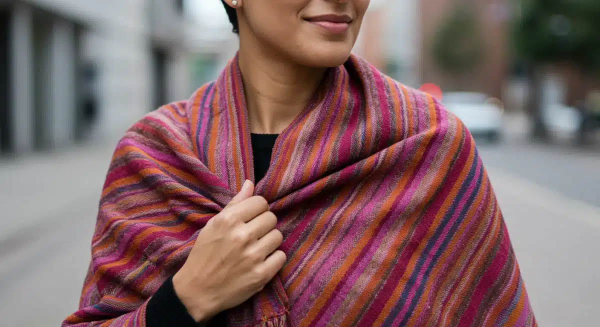 Persona luciendo un rebozo mexicano colorido, destacando su versatilidad y elegancia.