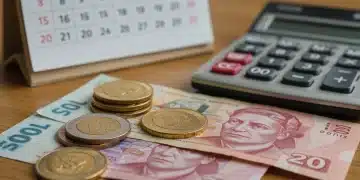 Billetes y monedas de pesos mexicanos con una calculadora y calendario de 2026, simbolizando el aumento del salario mínimo.