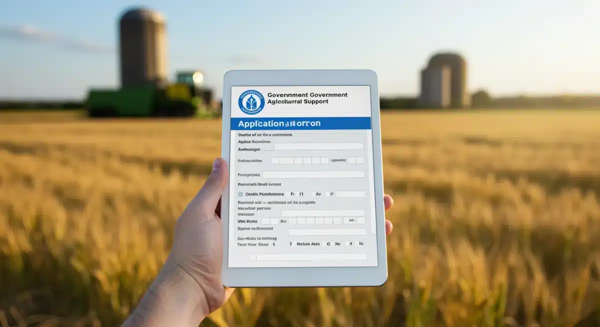 Mano sosteniendo tablet con formulario de solicitud de apoyo agrícola, con fondo de cosecha exitosa.