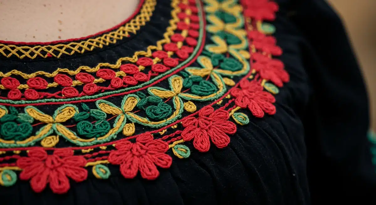 Detalle de bordado artesanal en una prenda de diseño mexicano, simbolizando la calidad y tradición.