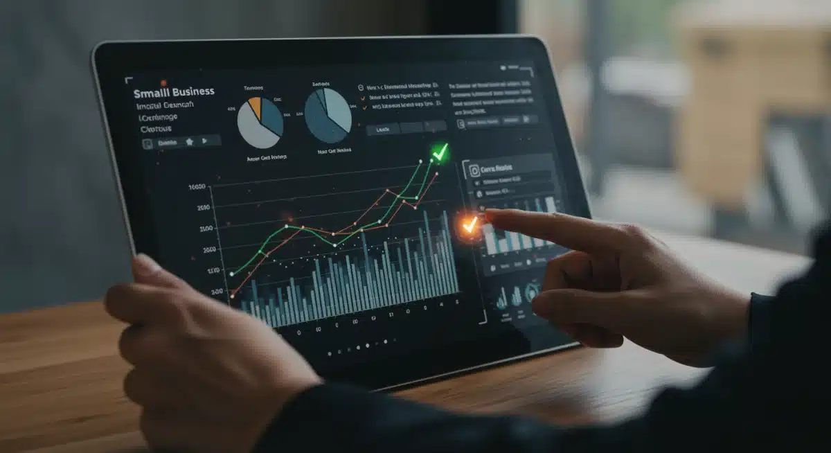 Panel de control digital mostrando métricas financieras y de cumplimiento para una PYME, con indicadores positivos.