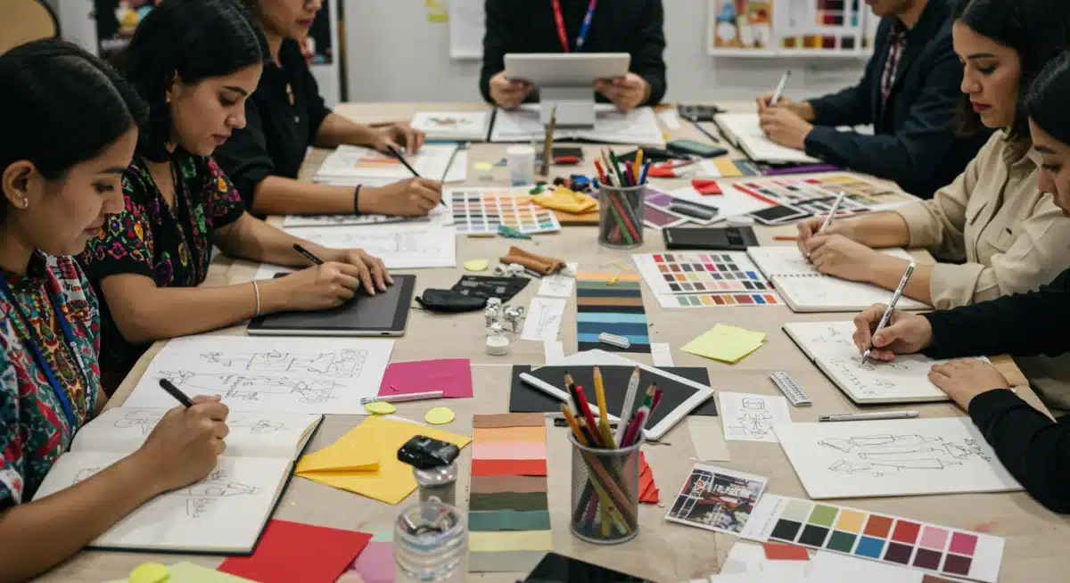Diseñadores de moda mexicanos colaborando en un taller, fusionando arte tradicional con tendencias globales.