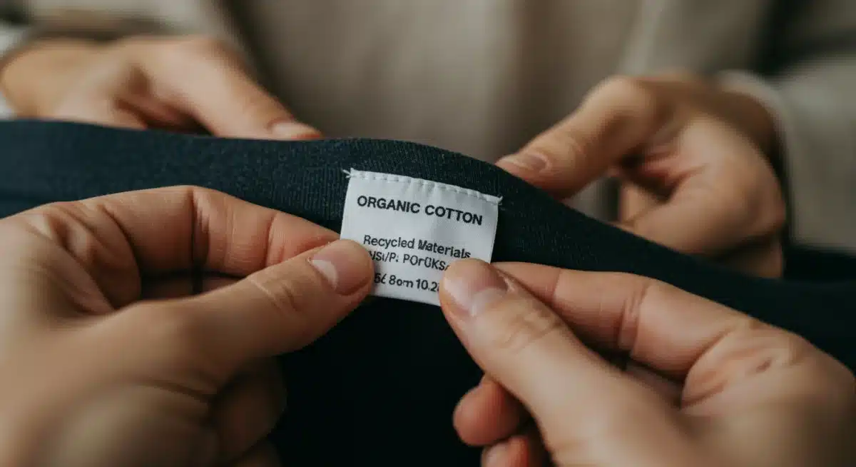 Manos examinando la etiqueta de una prenda que indica materiales sostenibles.