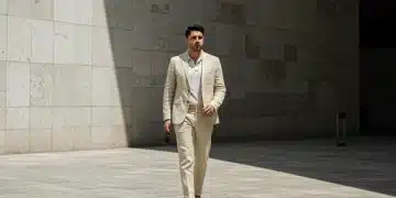 Hombre mexicano con traje de lino relajado en un entorno urbano, reflejando moda masculina 2026.