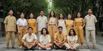 Grupo de mexicanos diversos vistiendo moda sostenible en un entorno urbano verde.