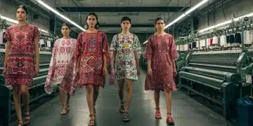 Modelos vistiendo moda futurista con textiles mexicanos sostenibles, fusionando tradición e innovación en la industria.